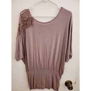 Mandee Light Brown Tunic Shirt w/ Knitted Shoulder, Small